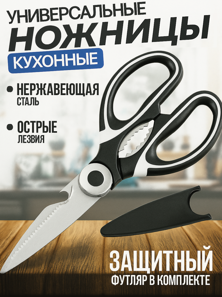 Ножницы кухонные универстальные, многофункциональные, с орехоколом и открывалкой, для рыбы, мяса и овощей