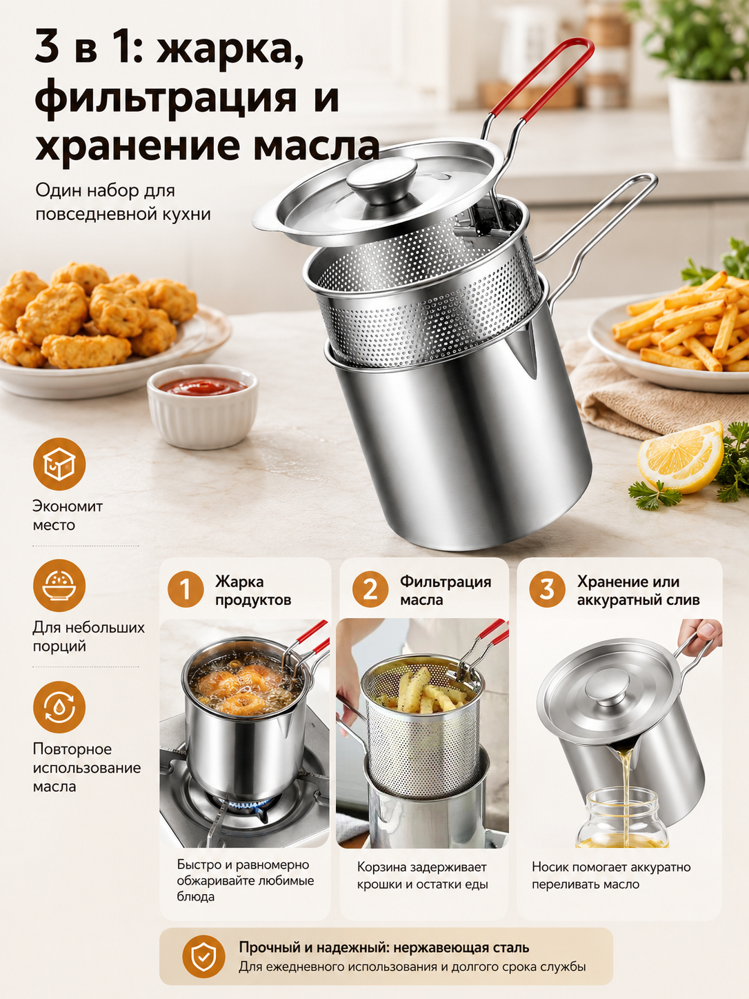 Сковорода-грил, термоизолированная, серебристый цвет, нержавеющая сталь 1,2Л — фото 2