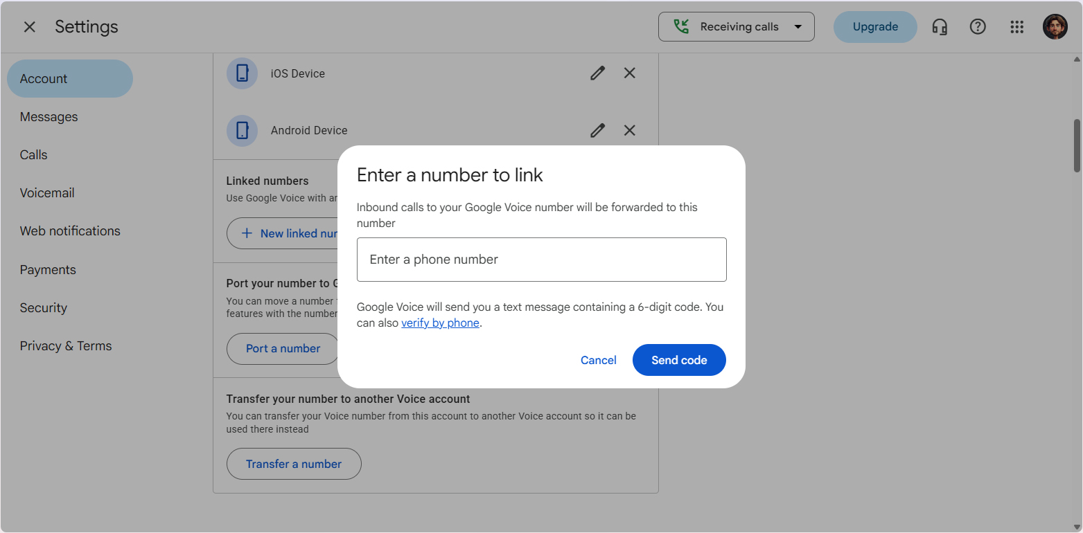 Скриншот всплывающего окна в настройках Google Voice, где предлагается ввести номер для создания ссылки.