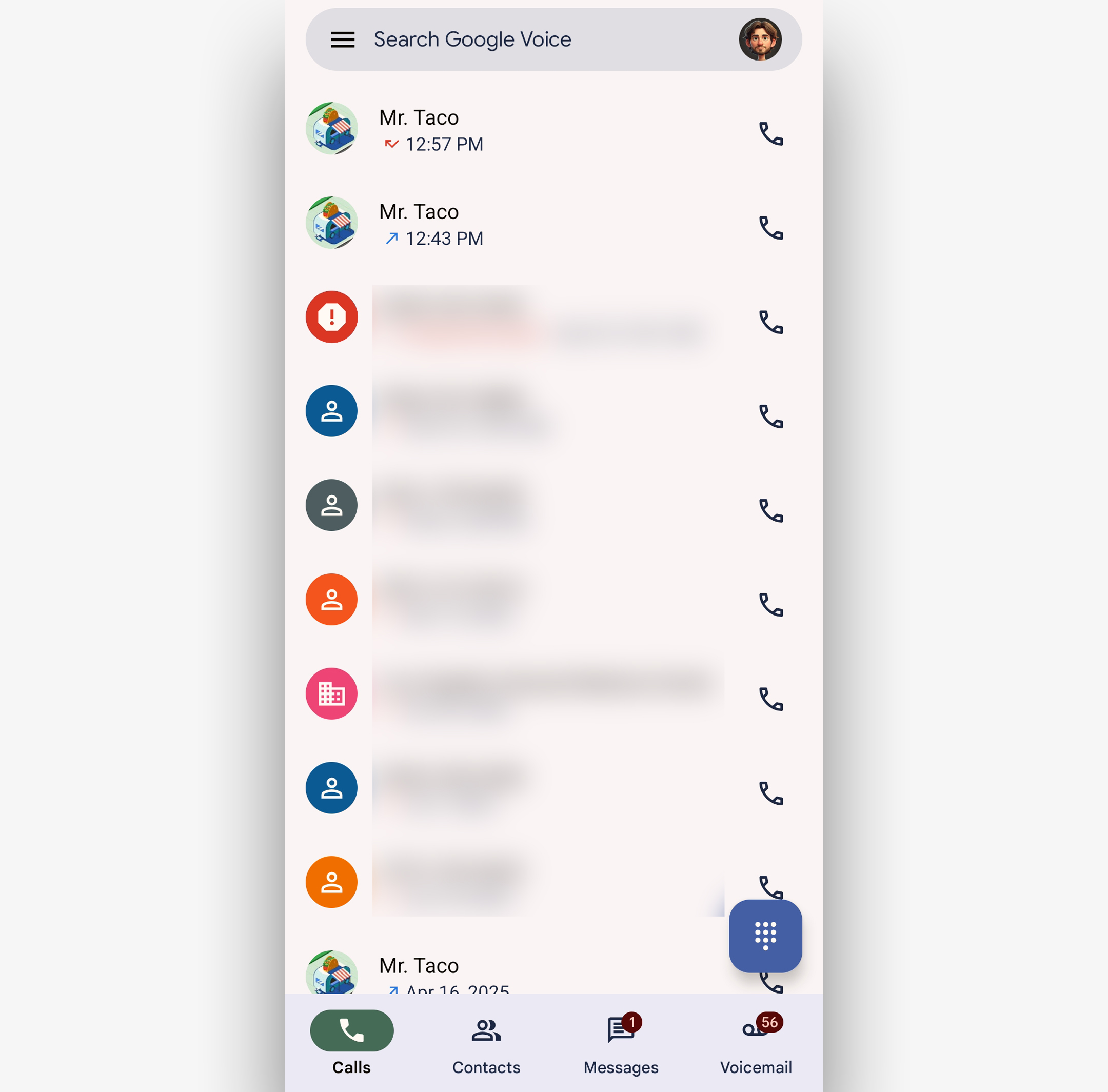 Скриншот приложения Google Voice для Android – поиск звонков