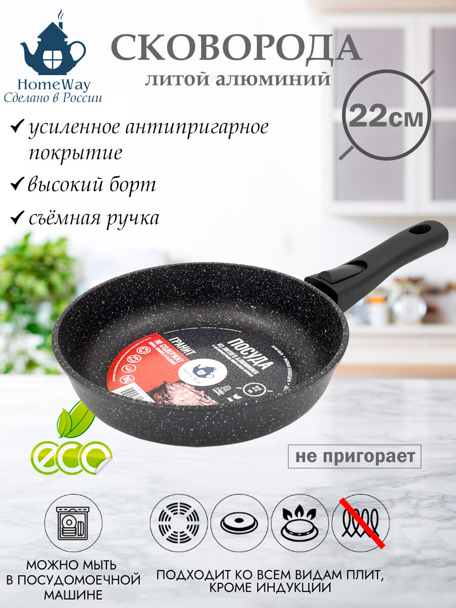 Сковорода HomeWay "Гранит", 22 см, съемная ручка, трехслойное антипригарное покрытие