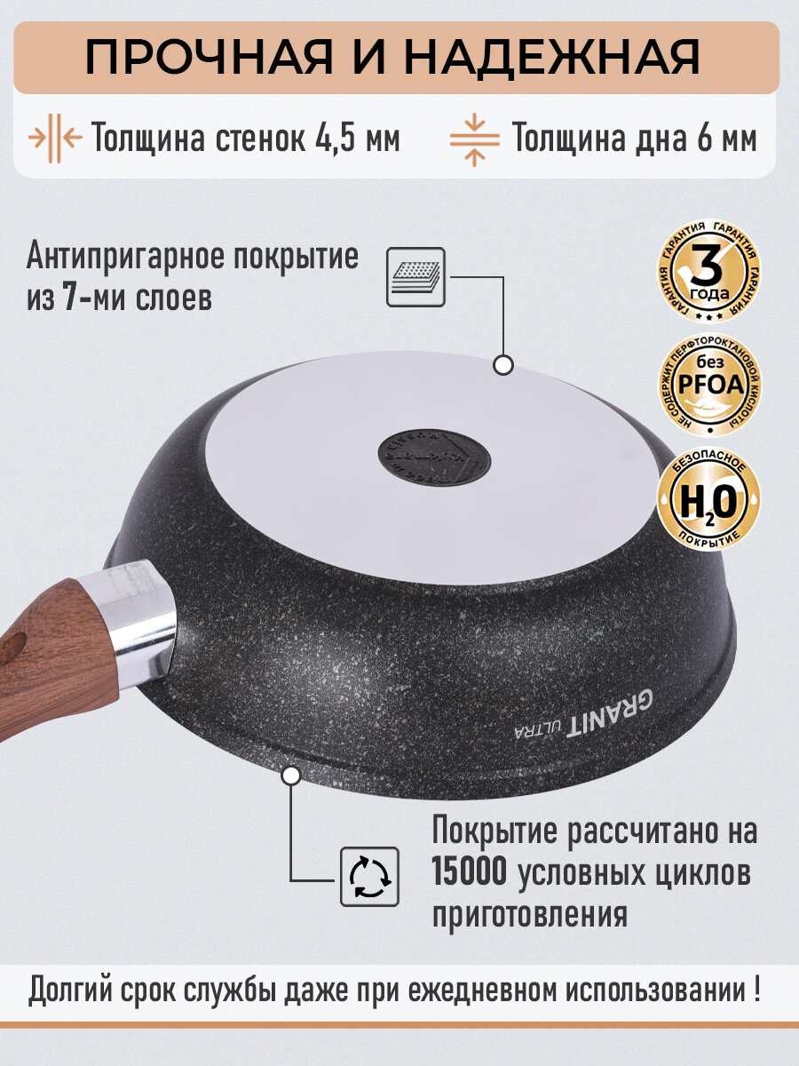 Сковорода антипригарная литая 24см со стеклянной крышкой Granit ultra original ТМ KUKMARA — фото 2