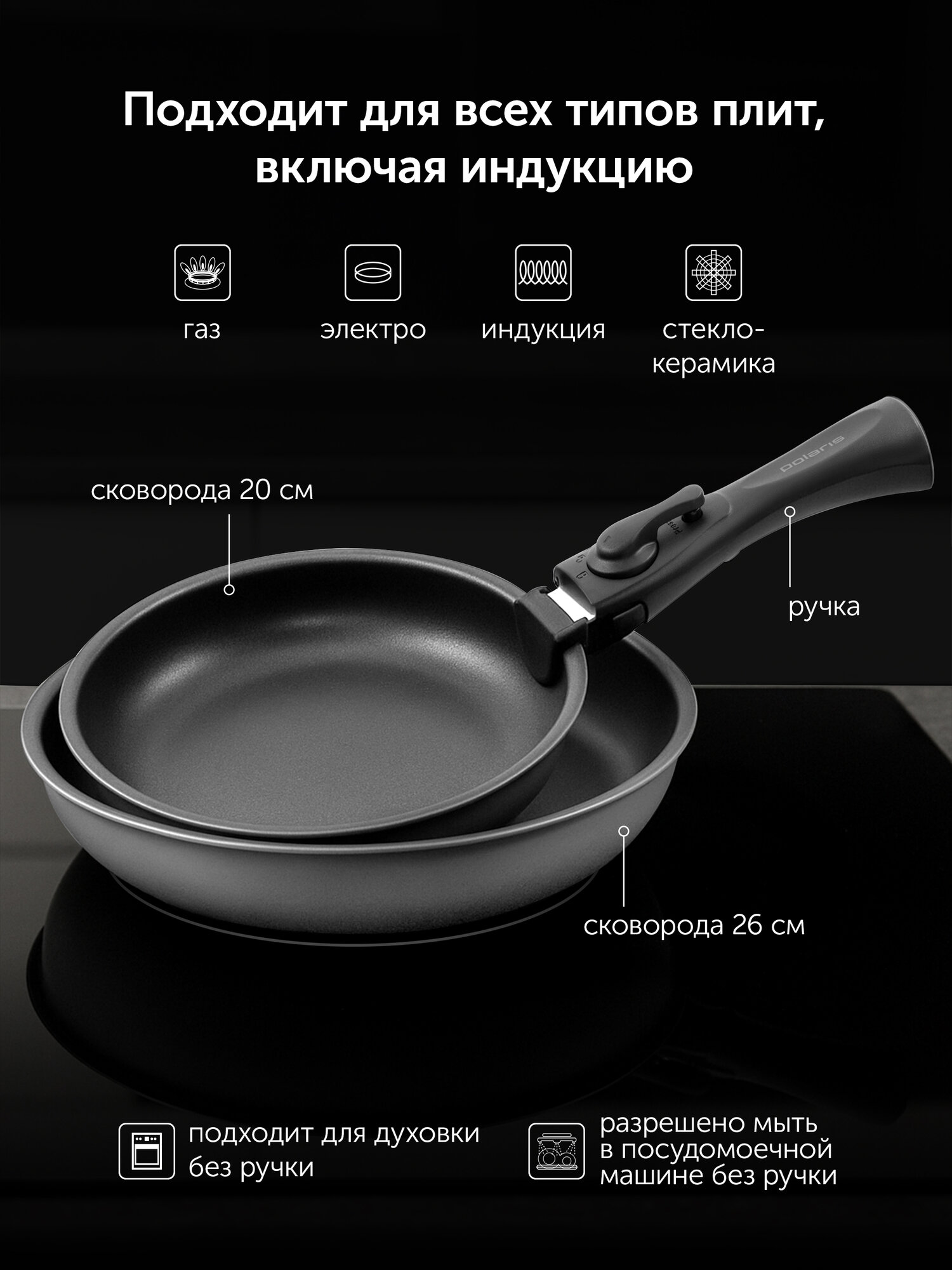 Набор сковород Polaris Stein-3D со съемной ручкой, подходит для индукции — фото 2
