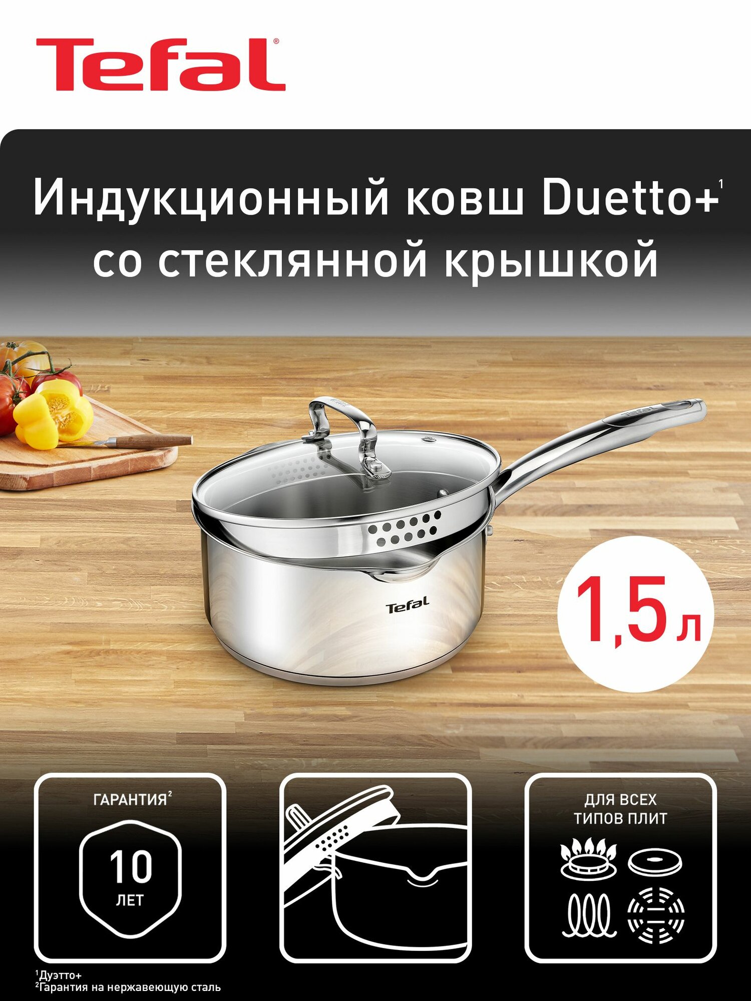 Ковш с крышкой Tefal Duetto 16 см, из нержавеющей стали, с мерной шкалой, со сливными носиками, для газовых, электрических и индукционных плит
