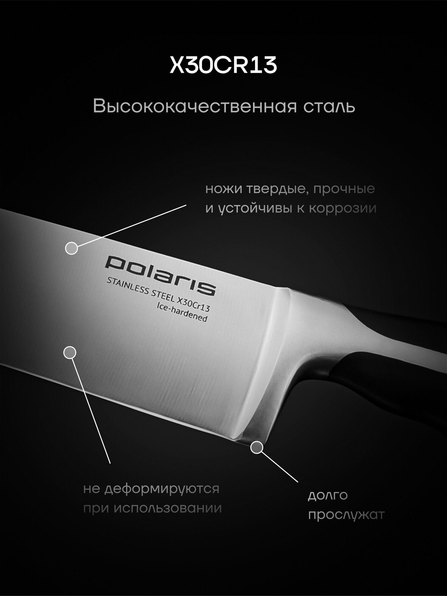 Набор кухонных ножей Polaris Millennium-3SS, 3 предмета: поварской нож, универсальный нож, ножик для чистки овощей — фото 2