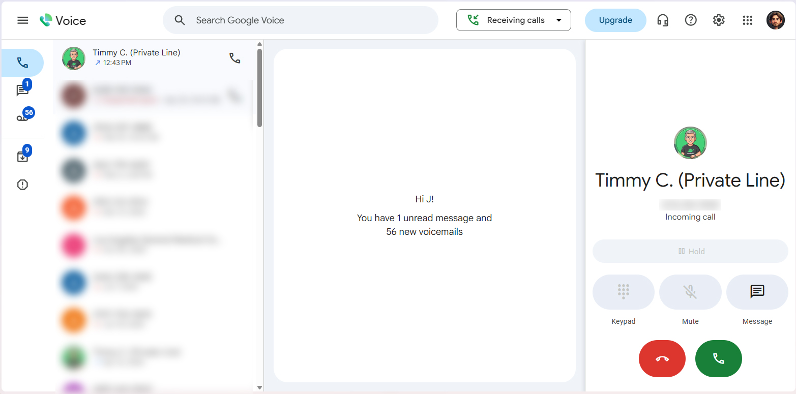 Скриншот веб-приложения Google Voice с входящим звонком.
