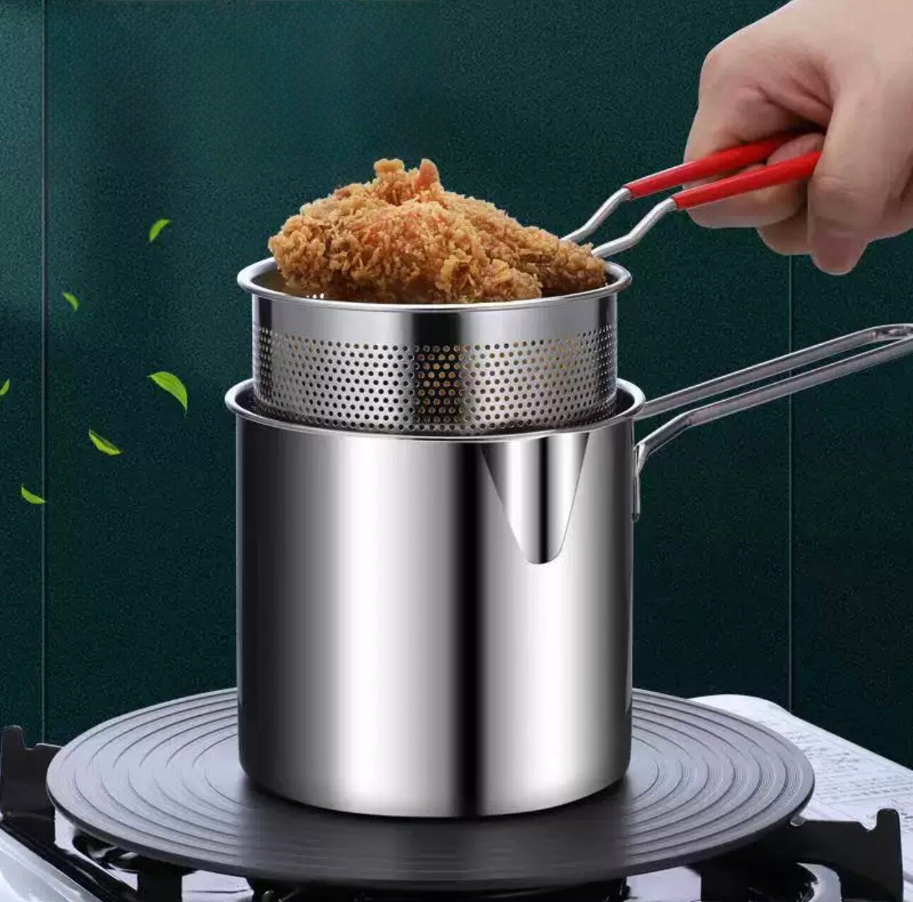 Кастрюля фритюрница из нержавеющей стали 1.2 л с крышкой и корзиной для жарки картофеля фри, курицы, темпуры, лапши