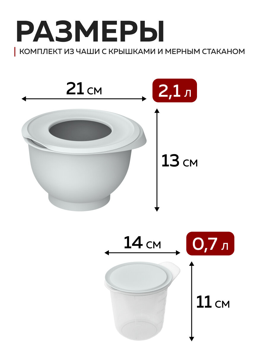 Миска для взбивания с мерным стаканом «Кулинар», Альт-Пласт, пластик, 2шт, серый — фото 2